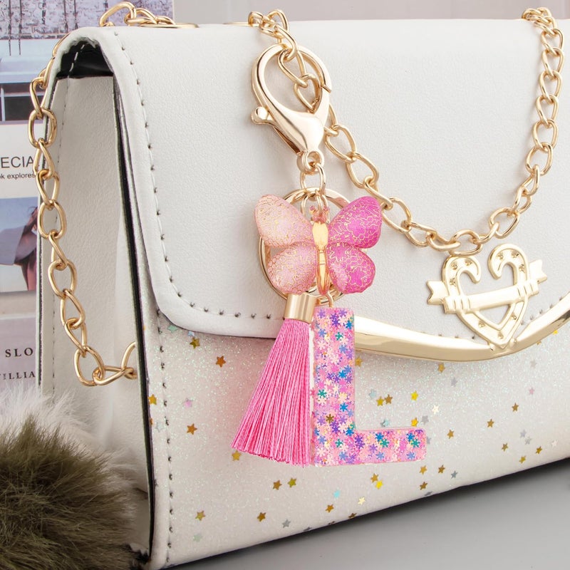 Suweibuke Cute Pink Key Chains for Women Girls, Initial Letter Keychains with Tassel, Charms for Key Purse Handbags Backpacks - Image 3